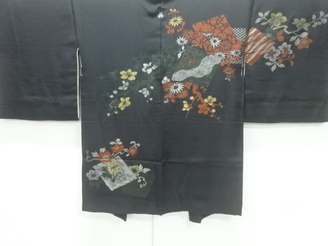 JAPANESE ANTIQUE HAORI / TAISHO ROMAN STYLE / SILK / URUSHI / WOVEN FLORAL PLANTS